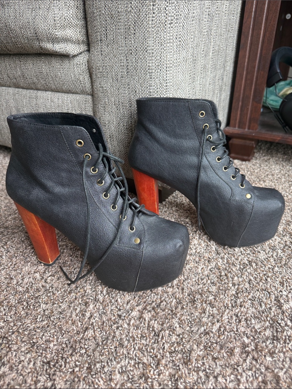 Jeffrey Campbell Lita Booties Black Leather Wood Heel - Picture 3 of 11